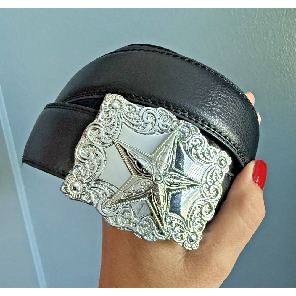 Silver tone Texas star belt buckle Black Belt XL 46" Q Cut to fit Western Cowboy